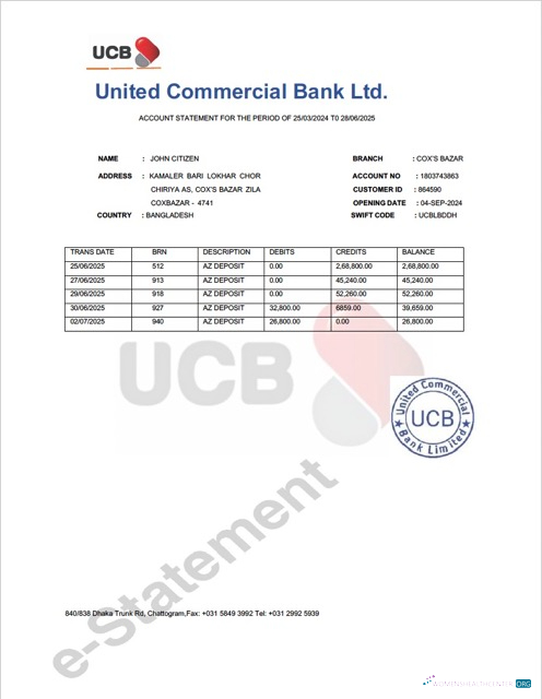 Download Bangladesh United Commercial bank account statement word